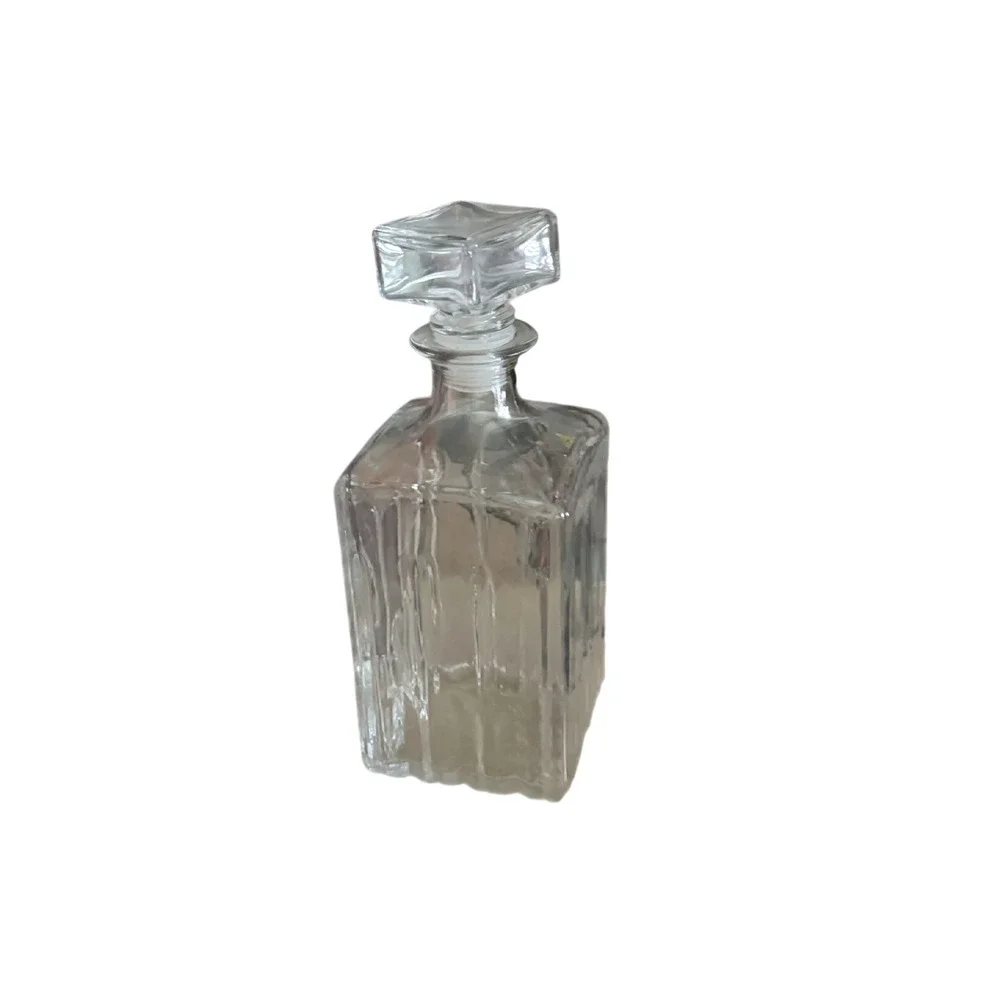 Vintage Clear Glass Square Whiskey Decanter Ribbed Bark Texture with Stopper